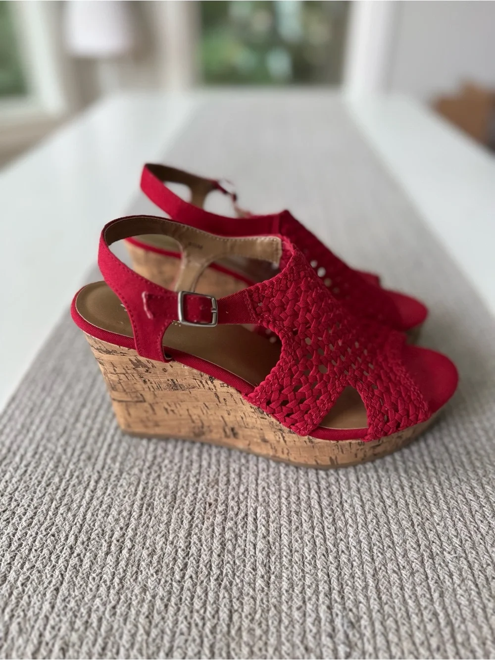 Sonoma Red Woven Crochet Cork Wedge Ankle Strap Platform Sandals Size 7.5